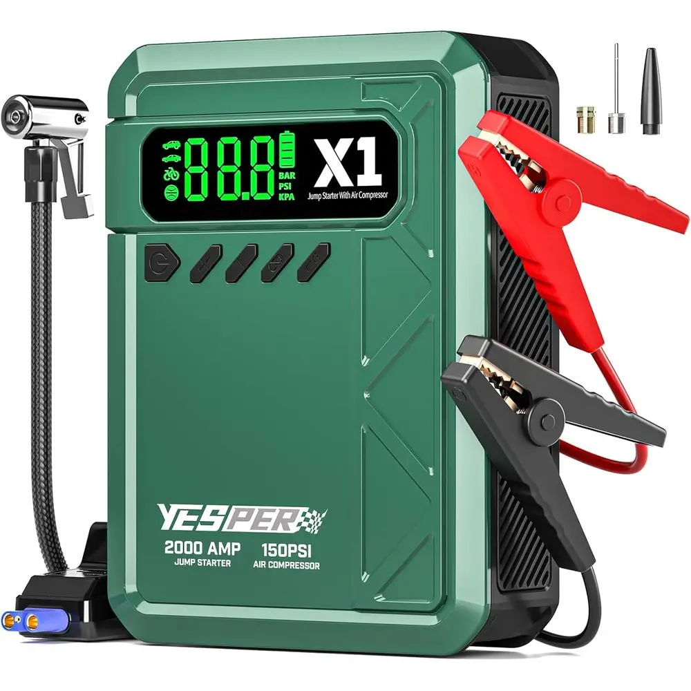 

2000A 150PSI Portable Jump Starter with Air Compressor, 8L Gas/6L, 12V Car Jump Box, LCD Display, Lights
