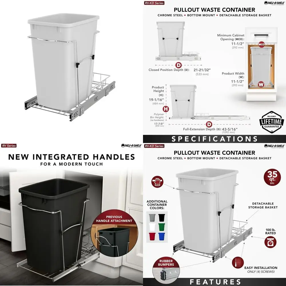 

Kitchen Cabinet 35 Quart Pullout Trash Can with Full Extension Slides, White, Waste Recycling Bin for Garbage