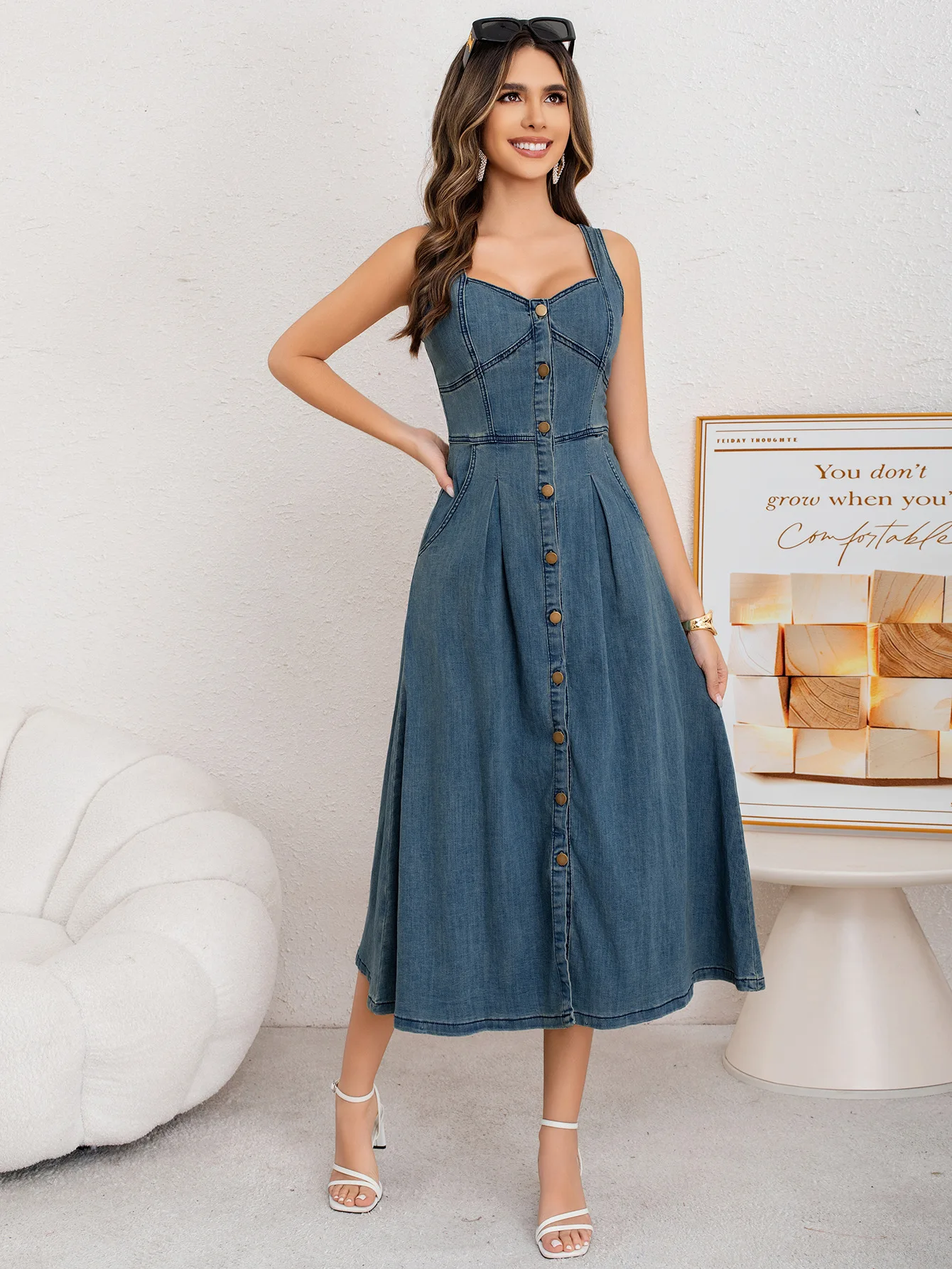 

Сексуальное джинсовое платье Y2K, женское эластичное джинсовое платье на бретельках с высоким слингом, старое весенне-летнее джинсовое платье с длинными пуговицами