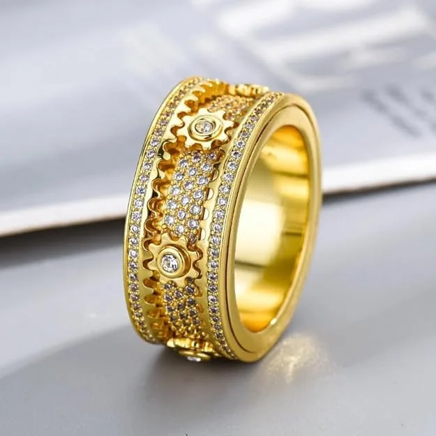Luxury 24K 9999 Pure Gold real gold Men's and Women's Full Diamond Rotating Gear Rotatable Gipsophila Ring