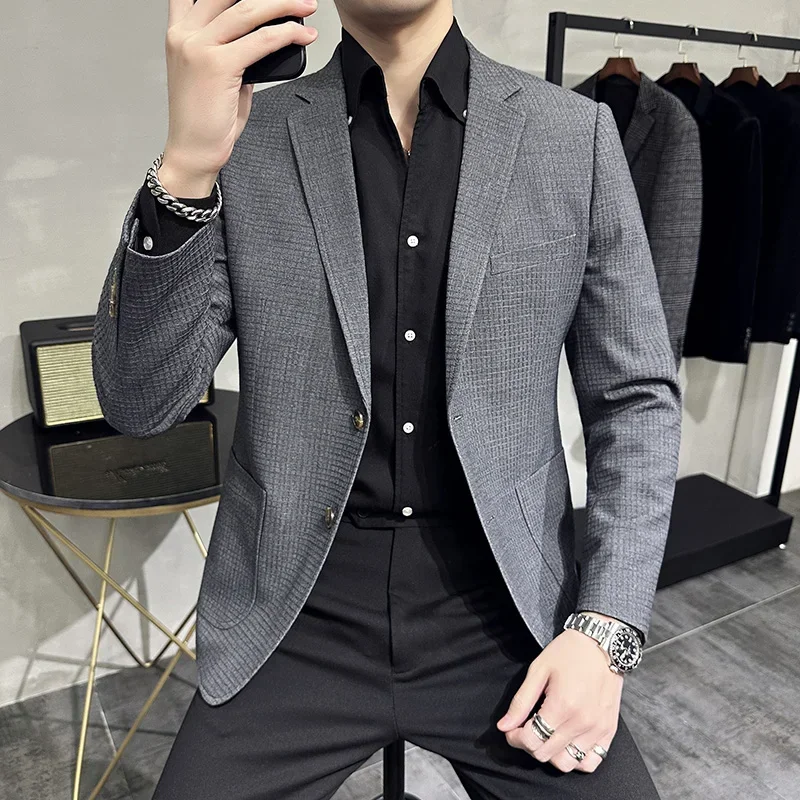 2024 New high quality fashion with Korean version of handsome trend men's suit waffle plaid casual suit youth coat will west