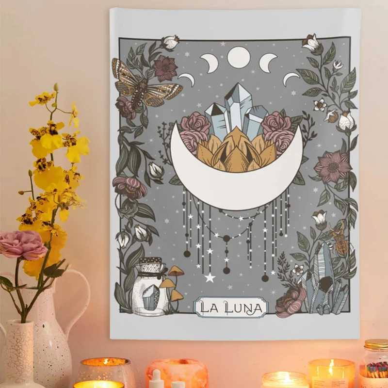 La Luna Tapestry Wall Hanging Moon  Phase Tarot Card psychedelic scene home decoration Witchy Nature Hanging Wall Art sheets