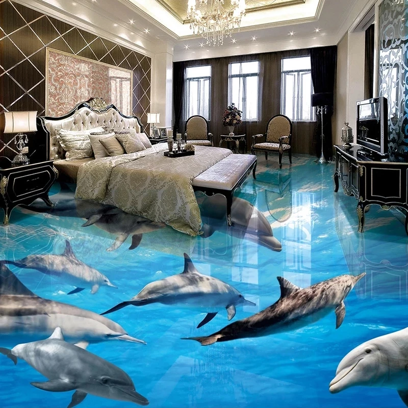 Customized Self-adhesive 3D Floor Mural Underwater World Dolphin Bathroom Bedroom Floor Living room background restaurant photo