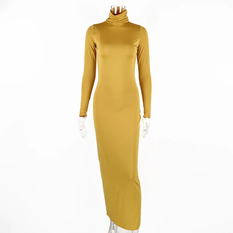 Herbst Winter Sexy Hochgeschlossenes Schlankes Bodycon Maxikleid Damen Langarm Einfarbiges Enges Abendkleid Club Party Vestidos – Detail 8