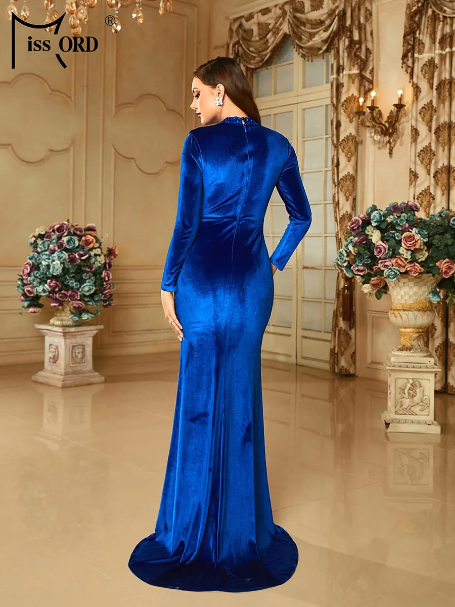 Missord Blue Velvet Evening Dresses Women Elegant Long Sleeve Sequin Ruched Front Split Maxi Mermaid Party Prom Dress Gown