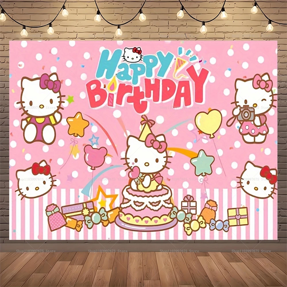 Fondo fotográfico de Hello Kitty para niñas y niños, Fondo de fotografía para fiesta de 1er cumpleaños, serie Sanrio, pancarta para Baby Shower, accesorios para cabina