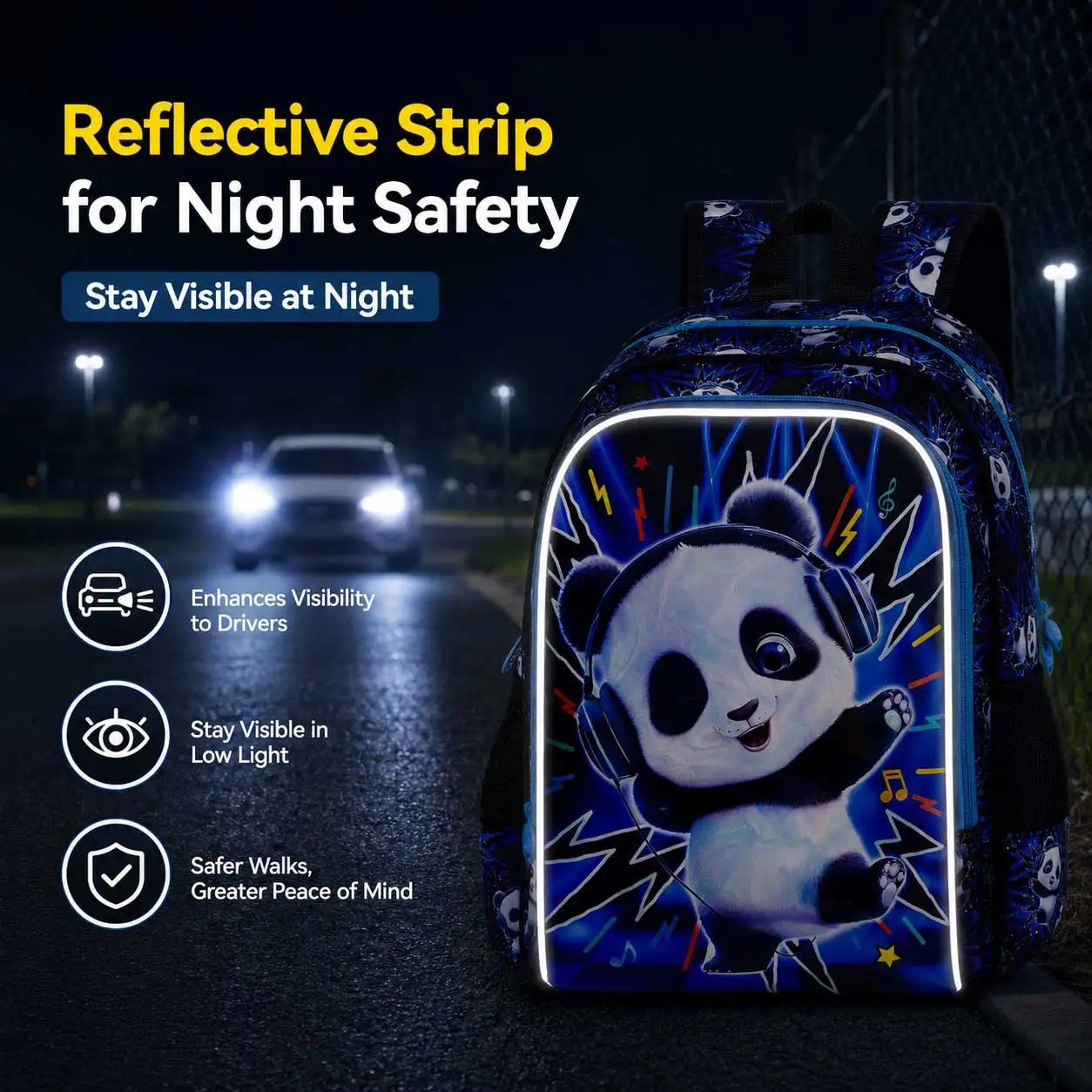 3Pcs 16 Inch UV‑Print Headset Panda Backpack Set Cute Cartoon School Travel Bag For Boys Girls Kids