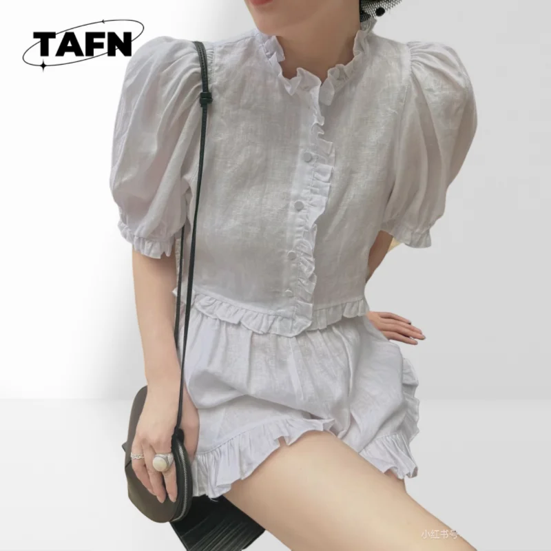 

Linen Ruffled Small Stand Collar Puff Sleeve Top Elastic Waist Shorts High Street Comfortable All-Matching Graceful AG1536