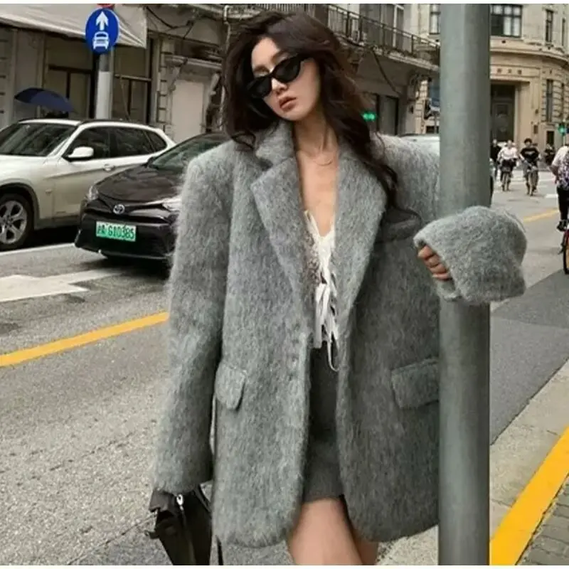 Tangada Women Thick Oversize Fur Woolen Coat 2024 Winter Female Warm Loose Overcoat JA019