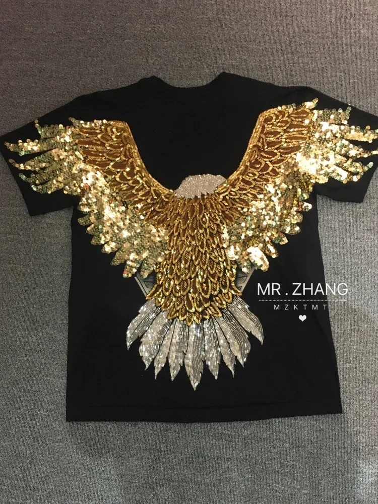 Fashion Brand 3d Beaded Wings Eagle Pattern Mid-Length T-shirt for Women 2023 Summer New Heavy Embroidery Sequins Couple Tee