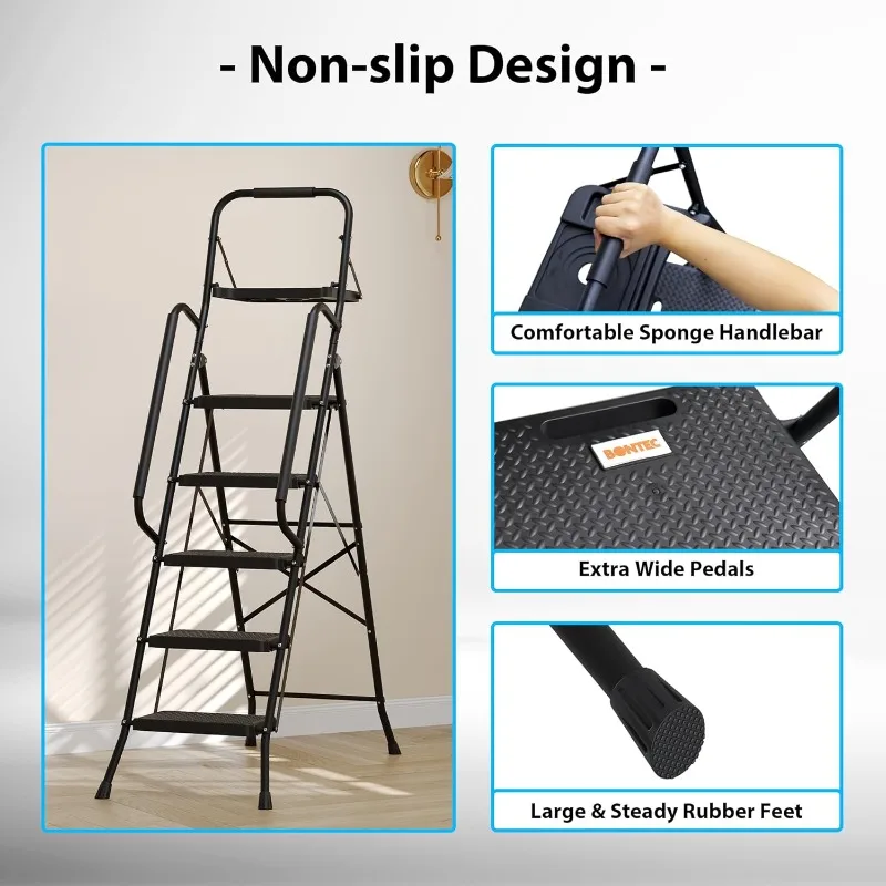 مقعد قابل للطي مع درابزين وصينية أدوات، سعة 400 رطل، فولاذ قوي، أسود، متعدد الاستخدام