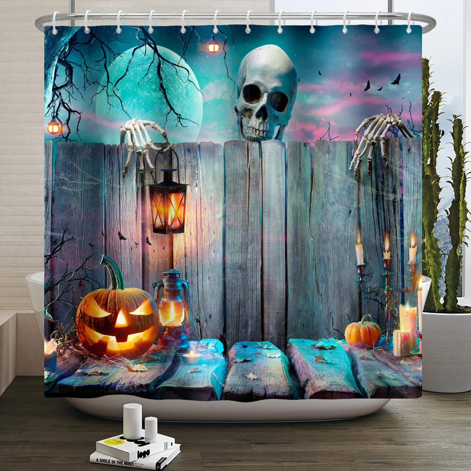 Halloween Shower Curtain Horror Moon Night Pumpkin Skull Skeleton Scary Castle Witch Ghost Cemetery Waterproof Bathroom Curtains