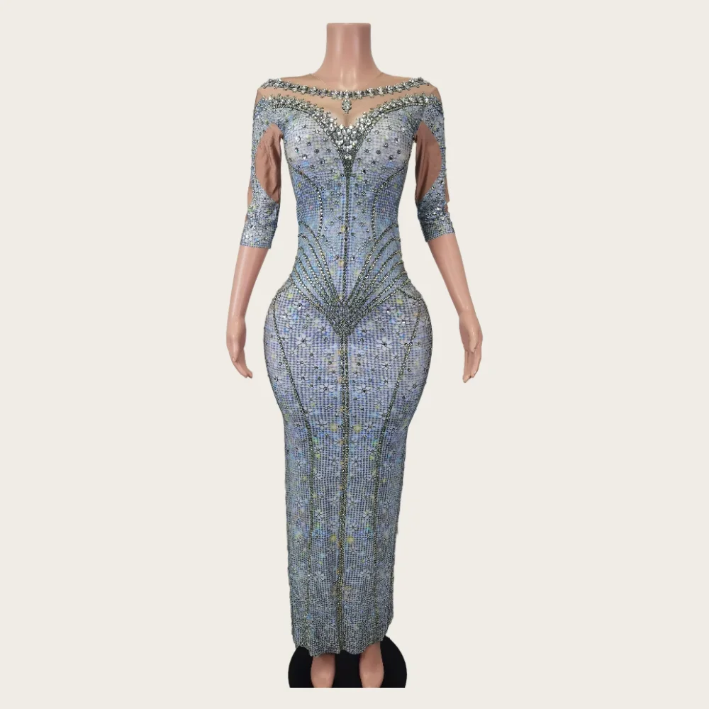 Glänzende Strass Bodycon langes Kleid Spandex Stretch Frauen Geburtstag feiern Abschluss ball Party Club Kleid sexy Sänger Bühnenshow Kostüm