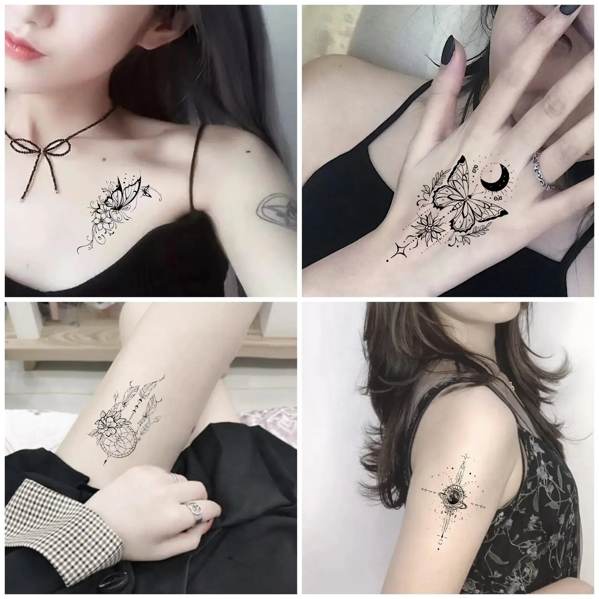 60pcs/set Girls Ladies Shoulder Breasts Tattoo Temporary Sticker Butterfly Universe Flower Ecg Text Sentences Tattoo Adhesive