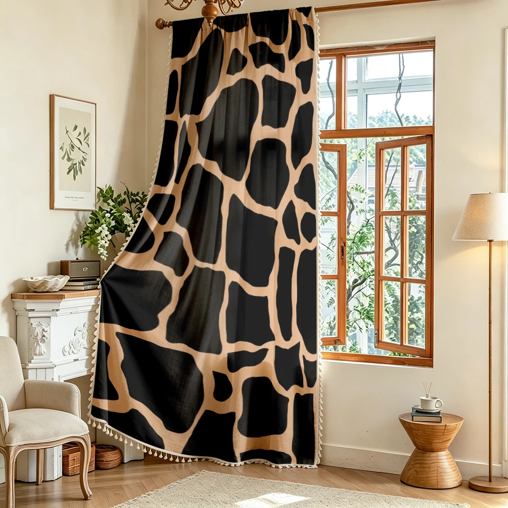 1PC Animal Tassel Sheer Curtains, Giraffe Print, Digital Print, Polyester, Bedroom Living Room Kitchen, Rod Pocket, Home Decor
