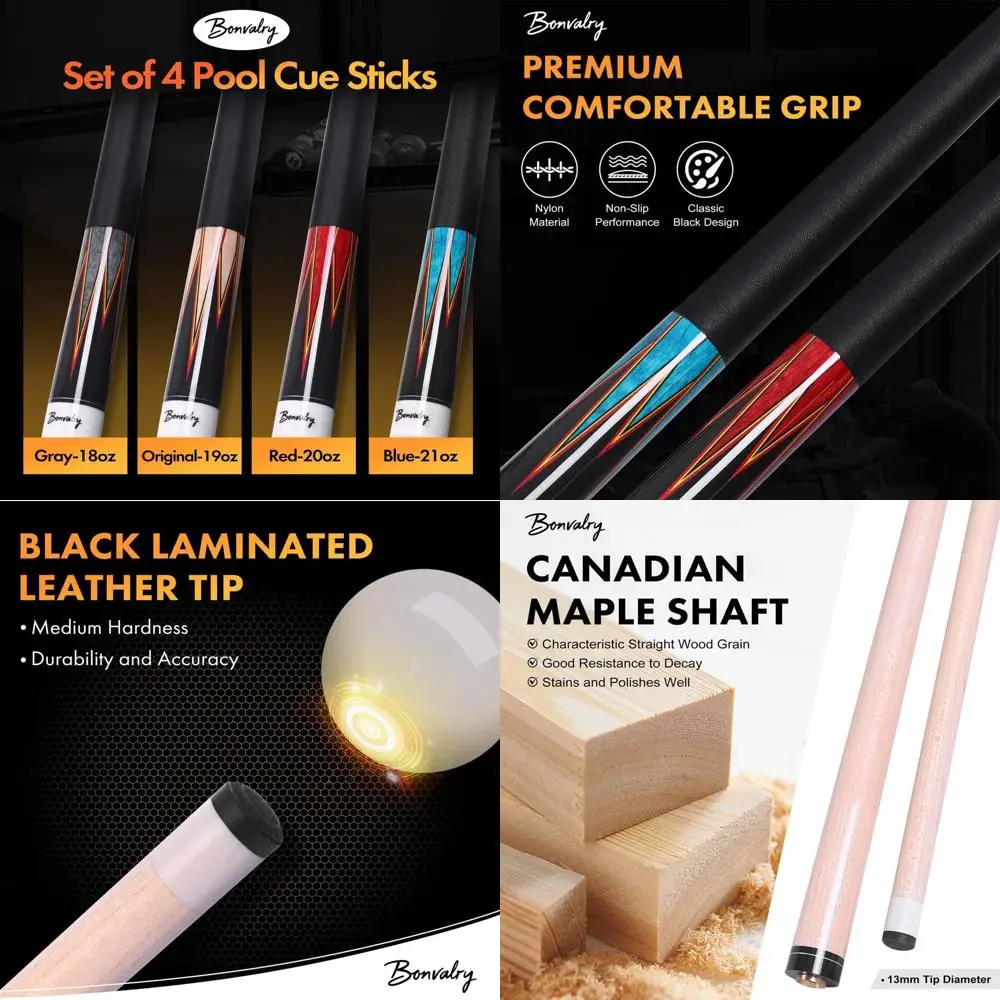 

Set of 4 Maple Pool Cues, 58 Length, 13mm Tips, Patterned Butt with Nylon Wrap