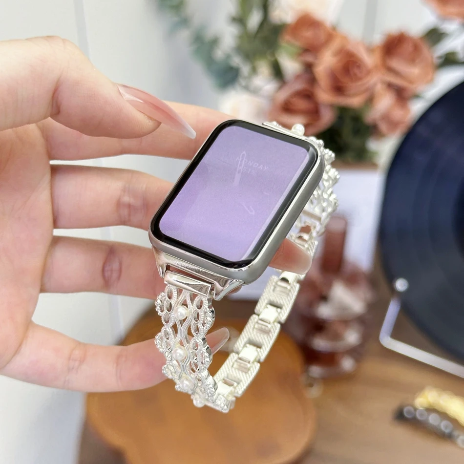 حزام لشاومي Mi Band 10 9 8 Pro حزام الساعات لـ Miband 8Pro 9 Pro موضة الجوف الدانتيل اللؤلؤ سوار المرأة النحاس معصمه #4