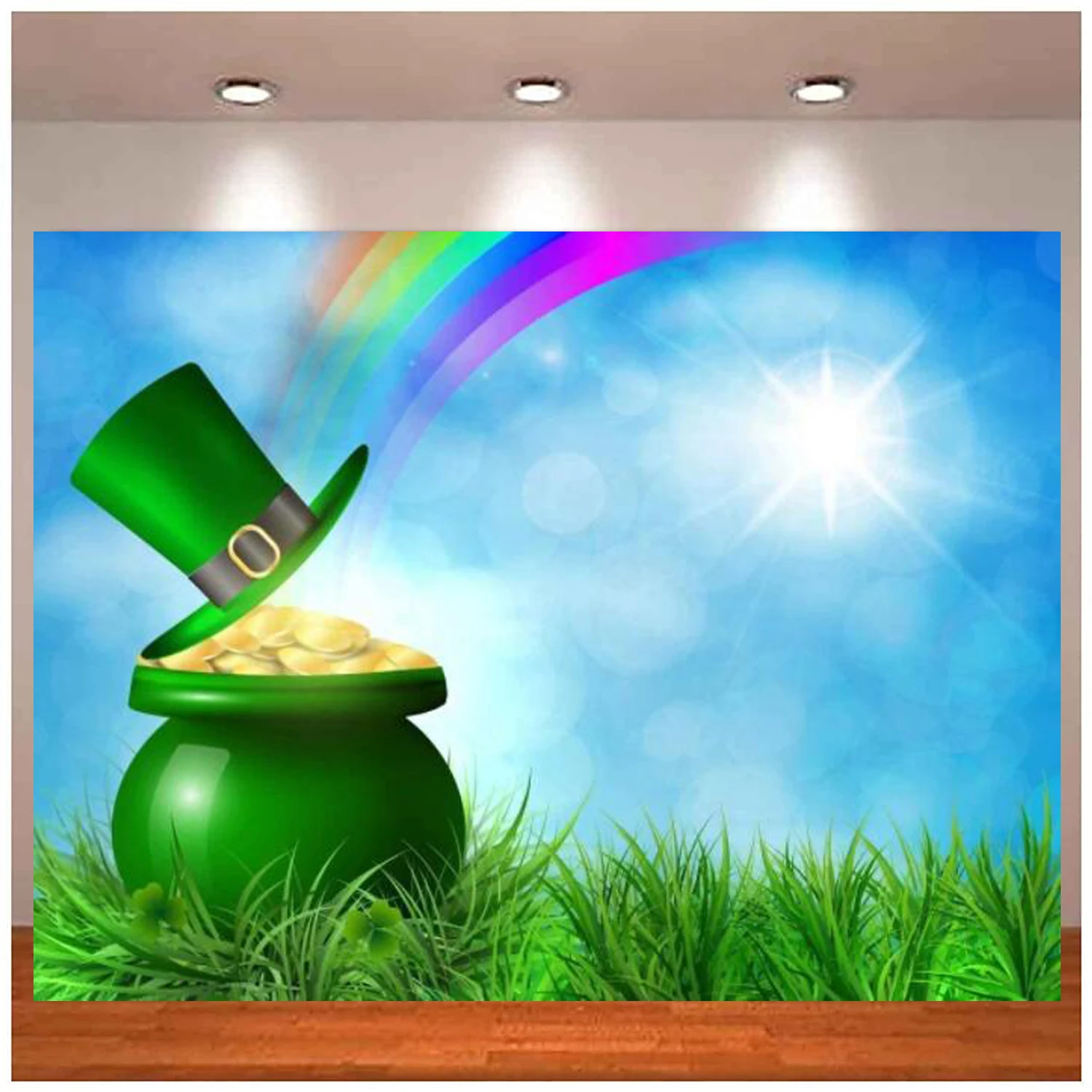 St. Patrick's Day Party Photography Backdrop Holiday Symbols Pot with Money And Green Hat Rainbow Irish Shamrock For Background