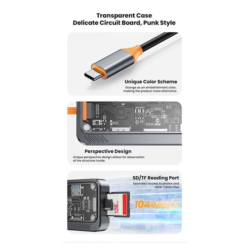 SR-USB C Hub 8 في 1 Type-C 3.1 إلى 4K محول 5GB RJ45 SD/TF قارئ بطاقات محور السماء الداكنة رمادي وشفاف USB 3.0 100W PD للكمبيوتر المحمول