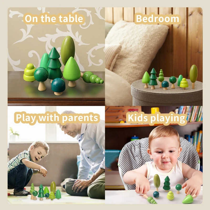 Houten Bosbouwstenen Simuleren Groen Natuurlijk Boomspeelgoed Baby Creatieve Scène Plaatsing Spel Educatief Speelgoed Baby 'S Cadeau