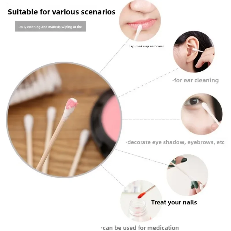 100/300/600/1000 個ダブルヘッド木製綿棒鼻耳クリーニング女性メイクツールリップスティック綿棒チップスティックメイクアップ