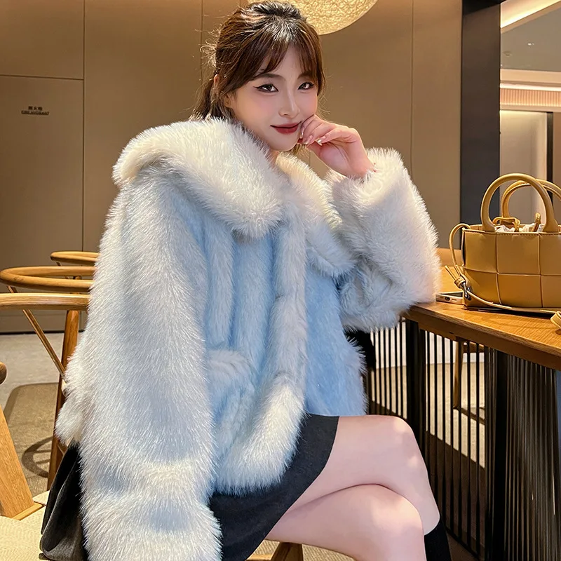 Korean Sweet Doll Collar Gradient Blue Imitation Fur Jacket Winter Women Single-breasted Long Sleeve Faux Fox Fur Coat Female