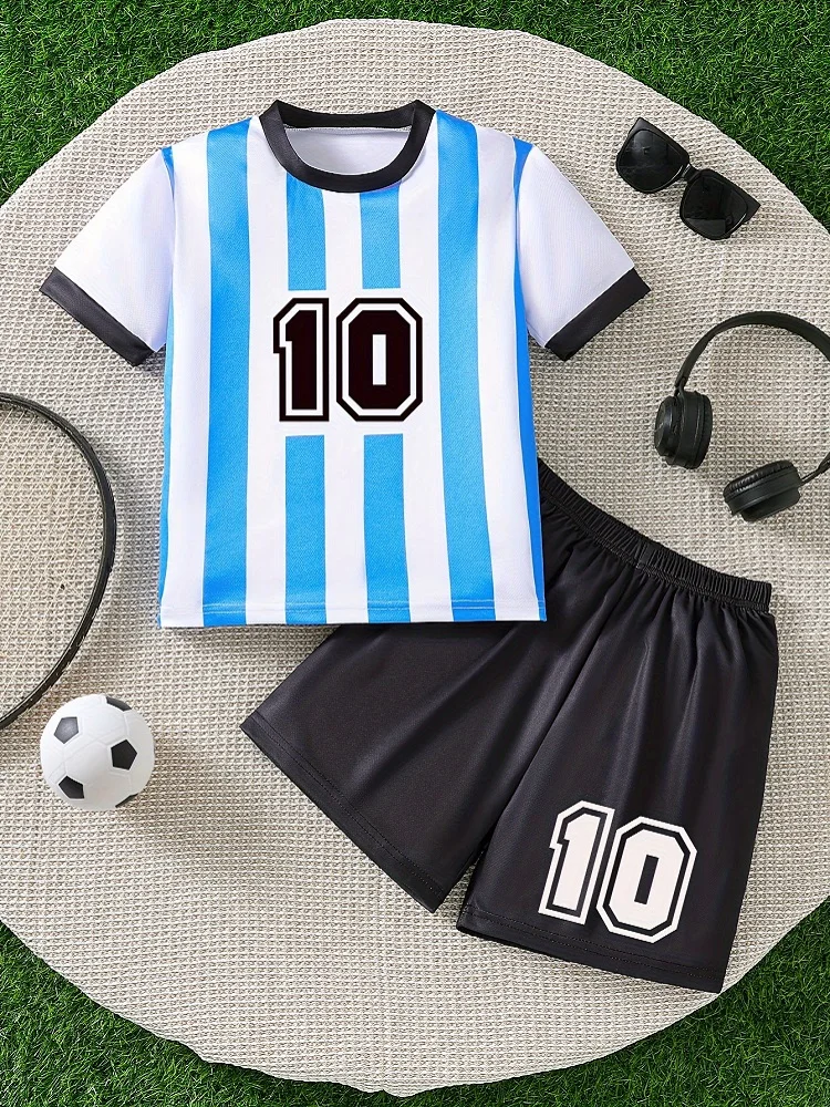 Children Boy Football Clothes Set Girl Blue White Stripe T-Shirts And Shorts 2pcs Suit Teenage 10 Printed Top Bottom Tracksuits