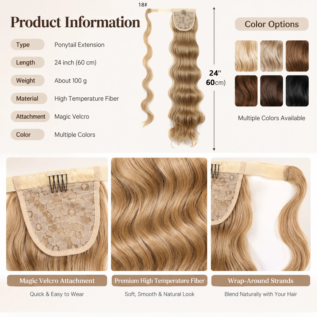 24 Inch Body Wave Ponytail Extension Magic Hook and Loop Wrap Around Wavy Hairpiece Curly Hair High Temperature Fiber Natural