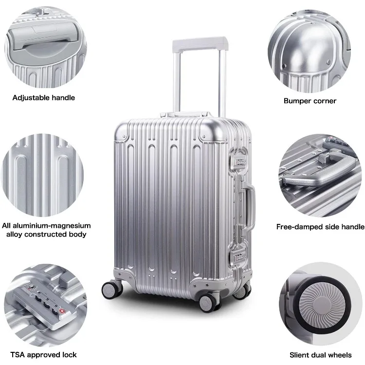 All Aluminum Carry On Luggage with TSA Locks Fashion Cool Metal Hard Shell Spinner Suitcase (Silver, 20 Inch)…