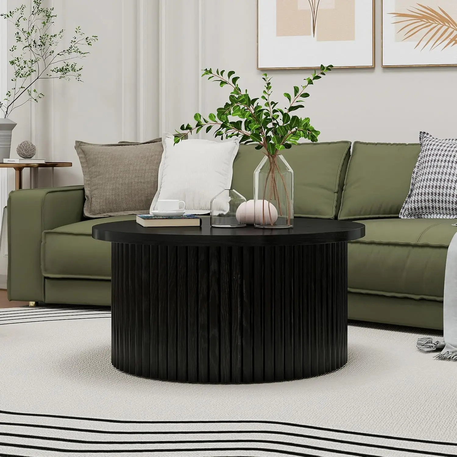 

31.5" Farmhouse Round Coffee Table - MDF Tabletop with Metal Base, Sofa Side Table for Living Room & Reception Room