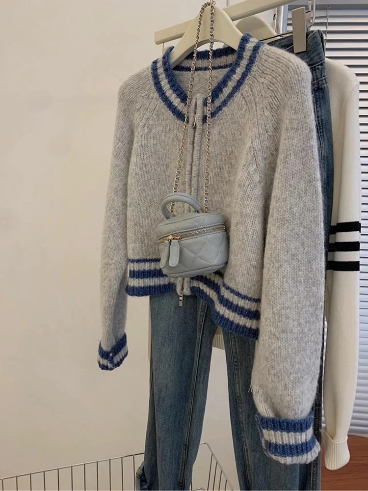 Donna Harajuku Vintage manica lunga girocollo maglione giacca 2024 autunno inverno femminile Casual Versatile cerniera Cardigan lavorato a maglia