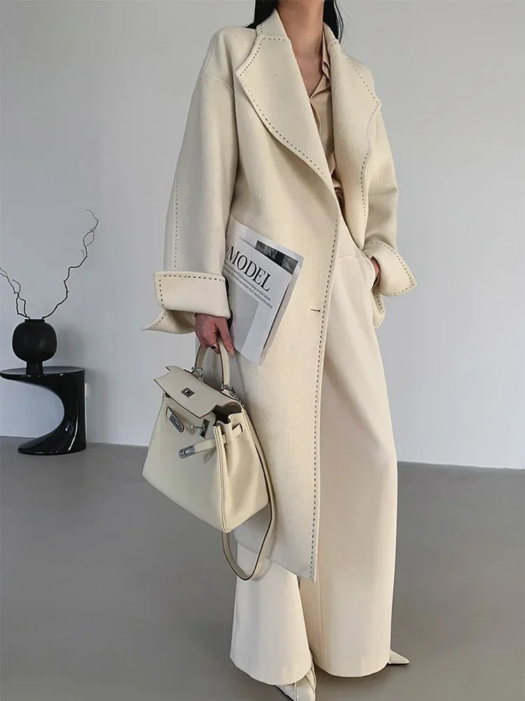 New Women Simple Arch Needle Doulbe-sided Wool Coat Loose Long Lapel Lace-up Fashion Woolen Jacket Warm Outerwear Autumn Winter