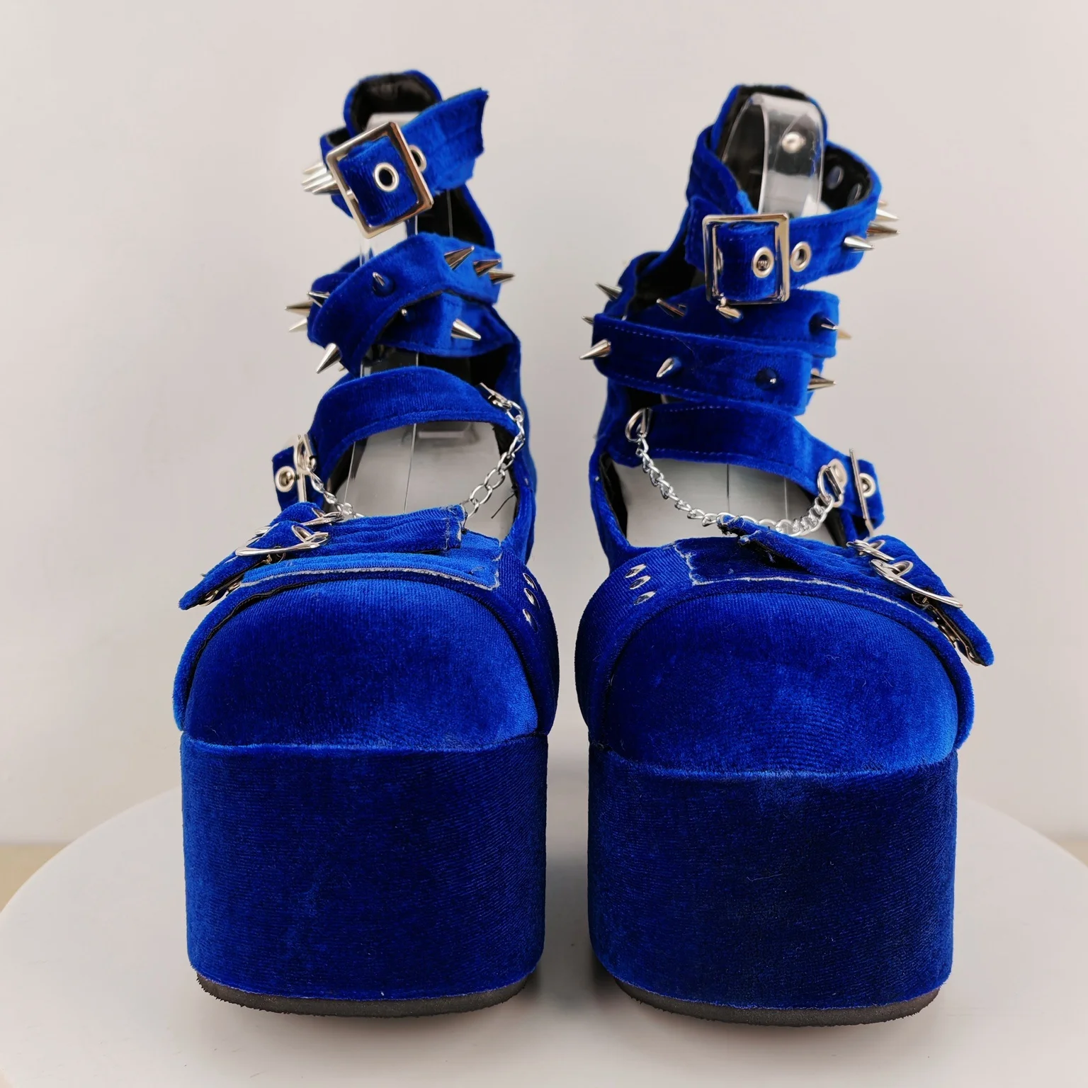 Designer Royal Blue Thick Platform Buckle Straps with Gold Rivet Dress Shoes Women Party Pumps Lolita Shoes view 6