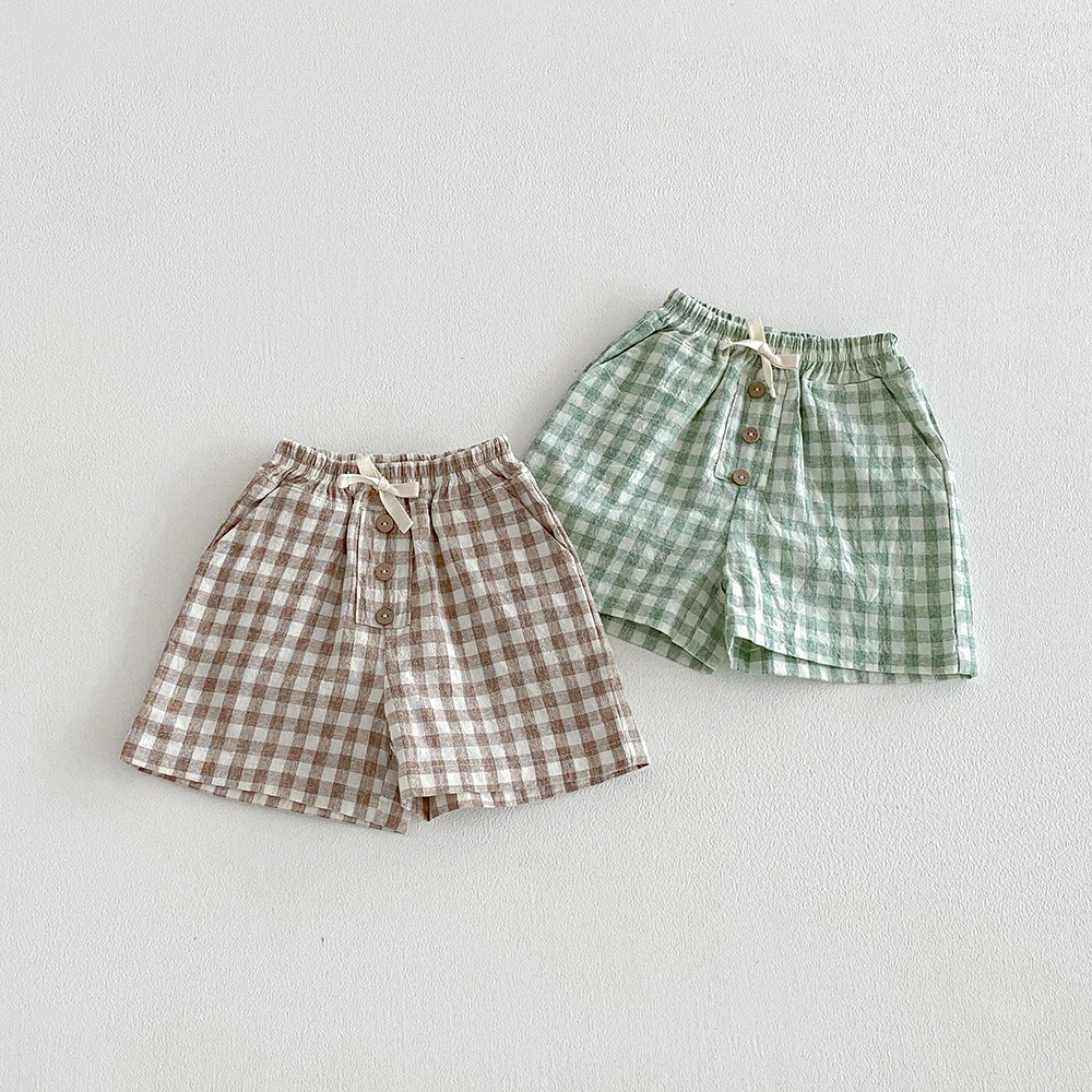 Kinderkleidung Leinen Baumwolle Jungen Shorts Sommer Kleinkind Karierte Shorts Kinder Lässige Vintage Lose Strandshorts Jungenkleidung