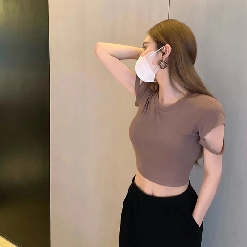 Summer Short Sleeve Plain T-shirt Women's All-match Basic High Waist Cropped Top