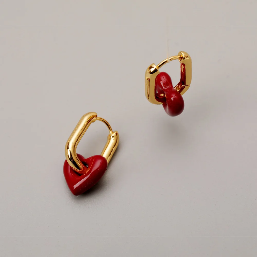 

Vintage Red Heart Dangle Earrings for Women with Single Gold Plated Cloisonne Enamel - Hot Selling