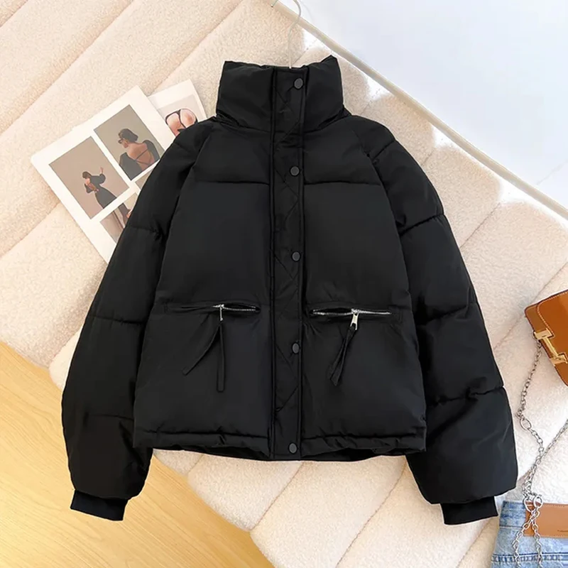 Black Warm Parkas Coats Women Y2K Fashion Loose Standing Collar Crop Puffer Jackets Ladies Streetwear All-Match Zipper Outerwear