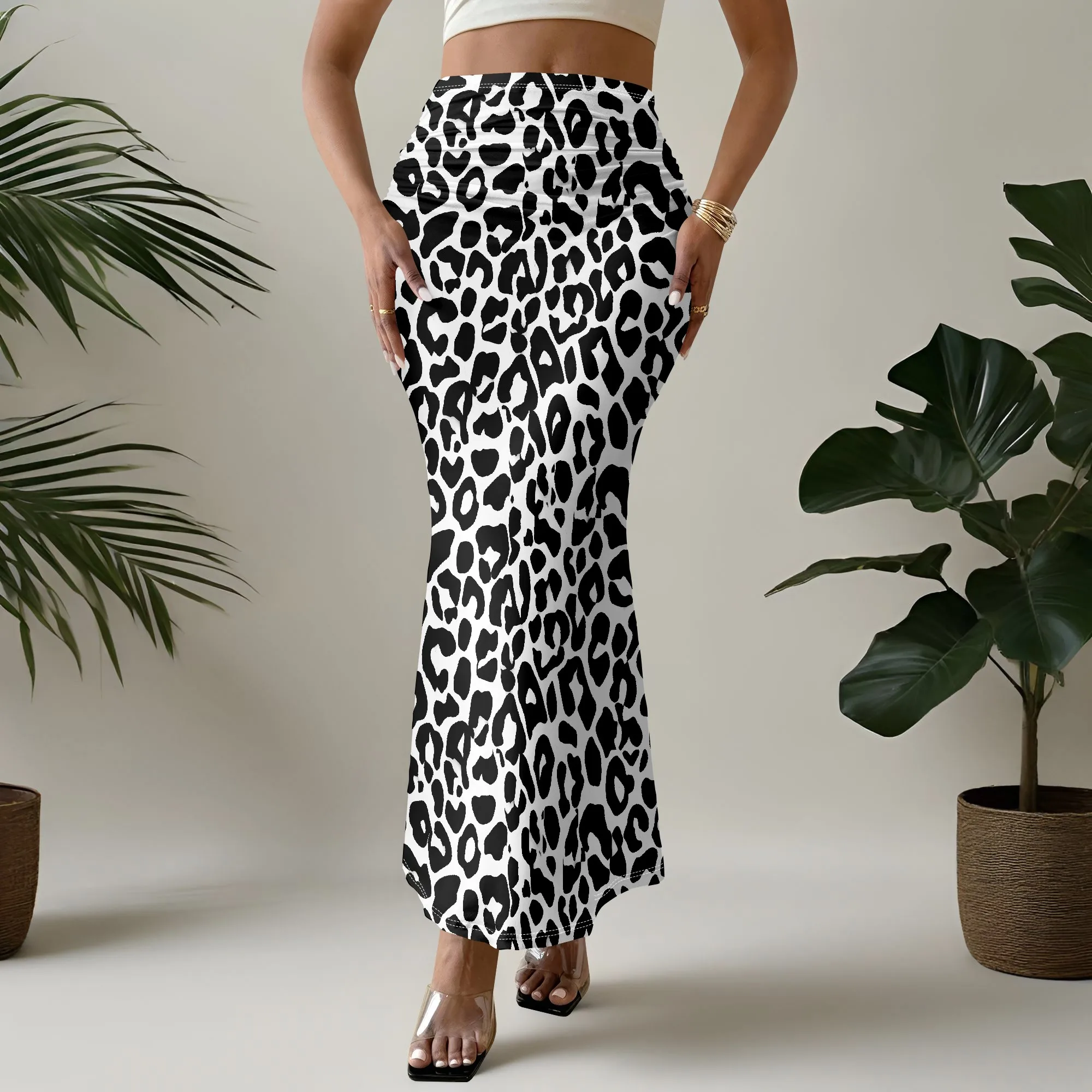 Leopard Print Skirt, Animal Pattern Maxi Skirt, High Waist Mermaid Skirt, Casual Beach Wear For Women, S-3XL