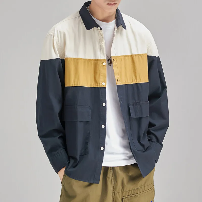 

Men's Casual Long Sleeve Splice Pure Cotton Loose Fashion Cargo Shirt Cityboy Streetwear Retro Shirts Blouses for Men
