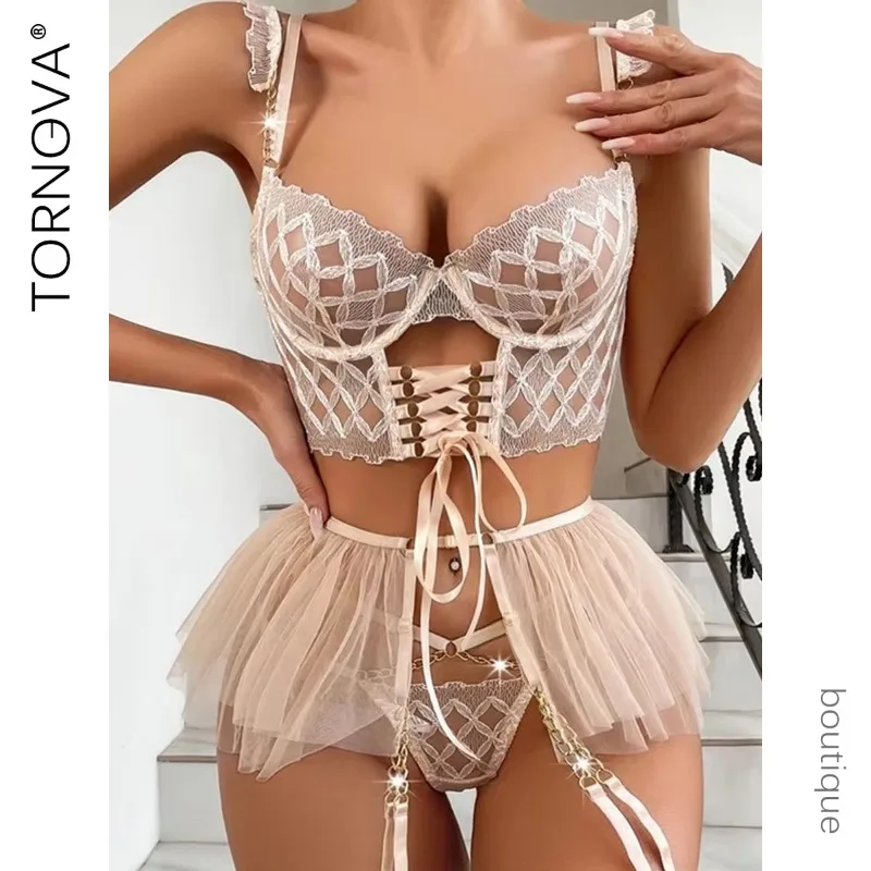 

Tornova Diamond Embroidery Sexy Strappy Mesh Tutu Skirt Lingerie Set Push Up Bra Hot Girl Underwear Luxury Support Underwear New