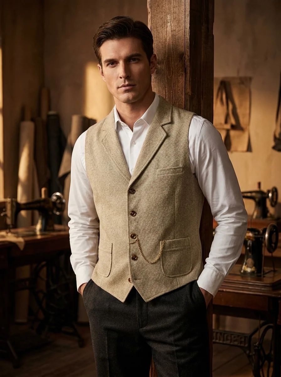 In Stock Men Vintage Lapel Collar Tweed Suit Vest Herringbone Waistcoat With Pocket Watch Chain Casual Business Wedding