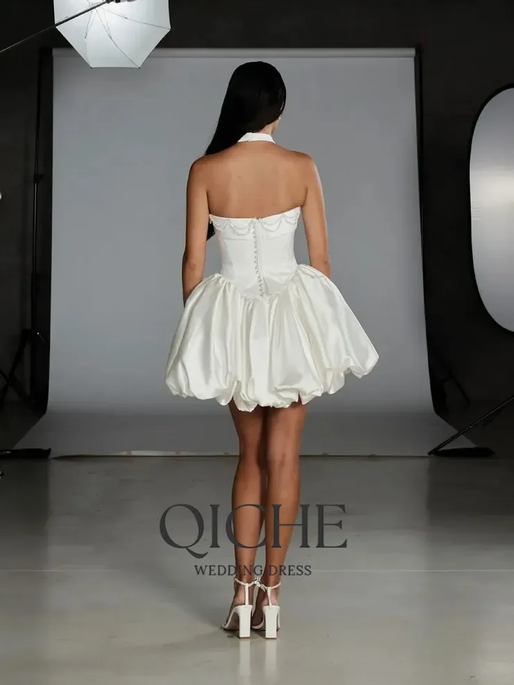 QICHE Strapless MIni Sleeveless Elegant Simple Wedding Dresses Princess Satin Ruched Button Gowns Customized vestidos de novia