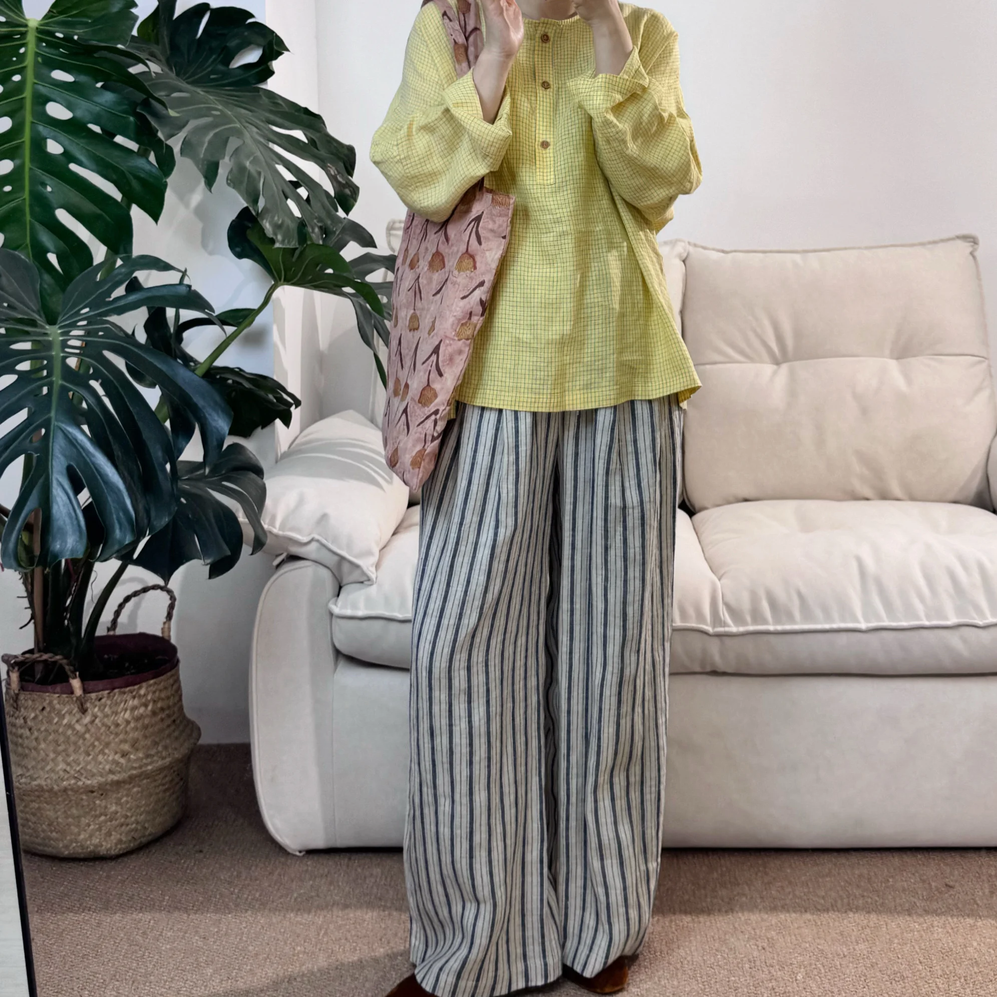 

Lili Loves Potato Spring Summer Striped Linen Loose Straight Elastic Casual Pants Women's Commute Style Natural Waist