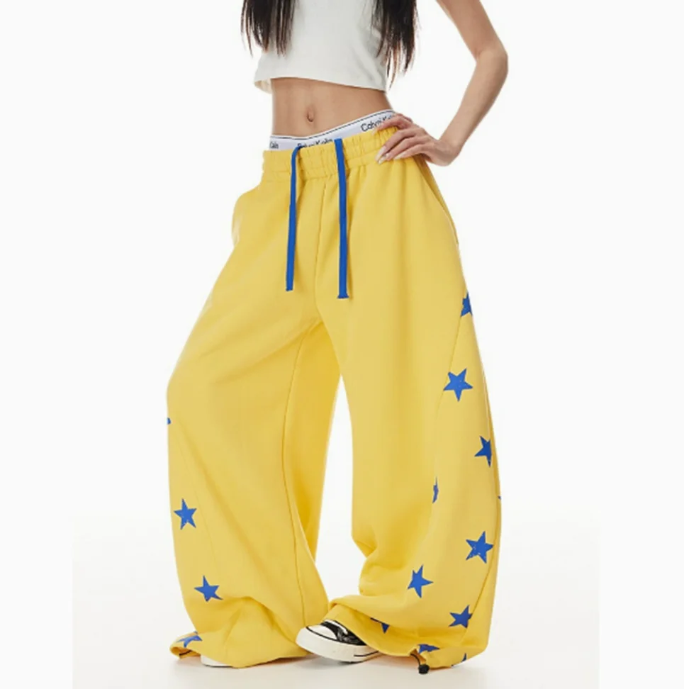 Whisper Lumi Retro Hip Hop Wide Leg Pants Side Star Print Curved Sweatpants Women Loose Jazz Dance Streetwear Trousers