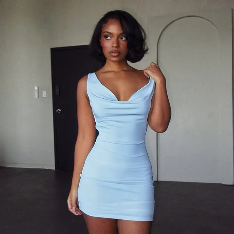 

Sexy Low-Cut V Neck Pleated Elastic Slim Bodycon Dress Women Sleeveless Solid Color Evening Mini Dress Club Party Vestidos