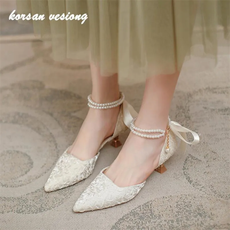 Women Pumps Ladies Pearl Bow High Heels Female Luxury Satin Sandals Pointed Toe Brand Dress Party Wedding Shoes Size 34-39