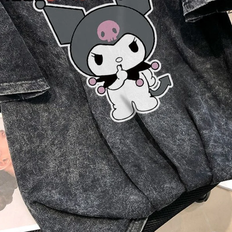 Sanrio kuromi-女性用半袖Tシャツ,レトロなアメリカのTシャツ,特大のストリートウェア,カップル用サマートップ