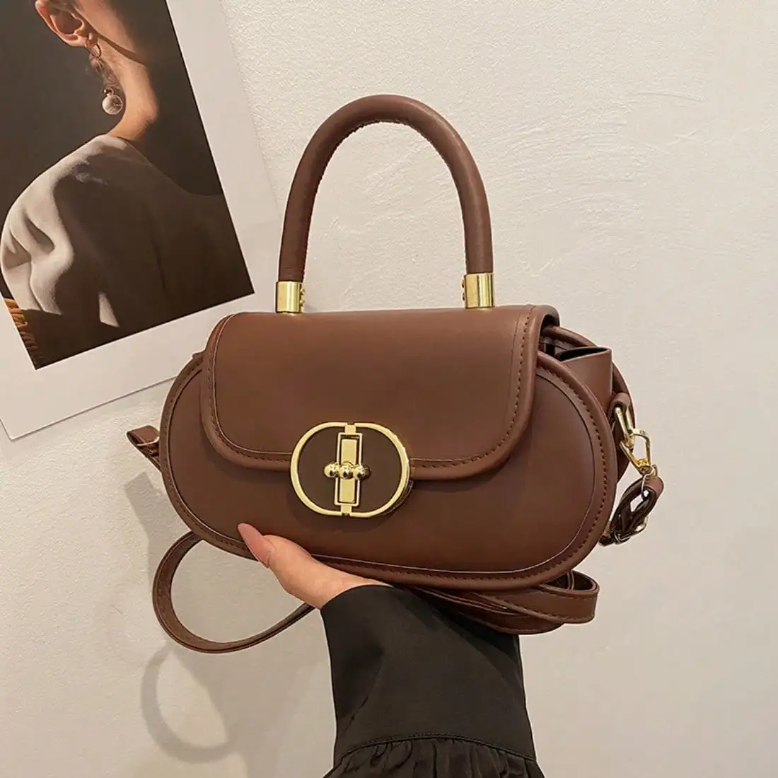 

2025 SS Art Deco Vegan Leather Crossbody Bag Pastel Pink French Modest Style