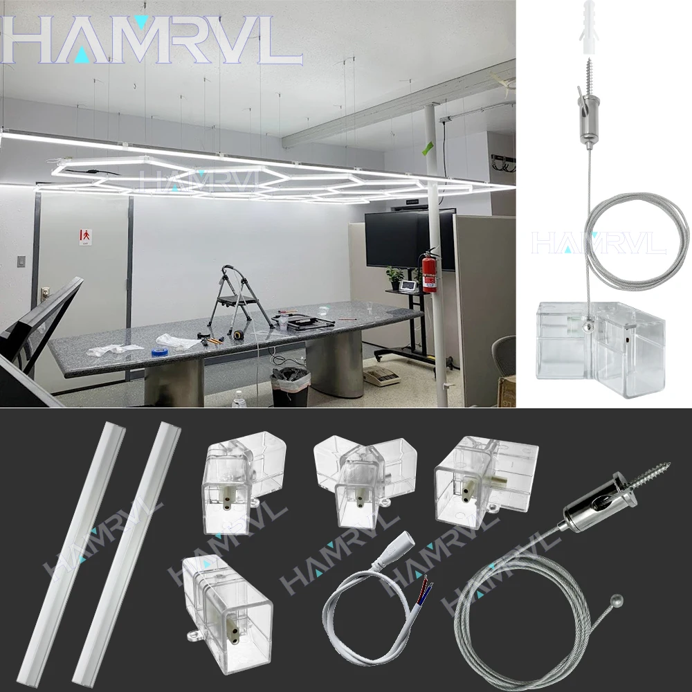 

Hexagon Light Adjustable Suspension Rope and Splicing Connector All Copper 2Pin V/Y/L/T/I Cable LED Tube Lamp for Garage Ceiling