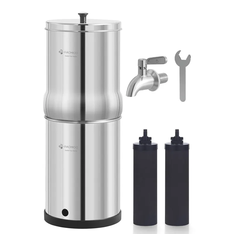 1.5G Stainless Steel Gravity-Fed Water Filter System with 2 Black Purification Filter and Metal Spigot,NSF/ANSI 42 Certification